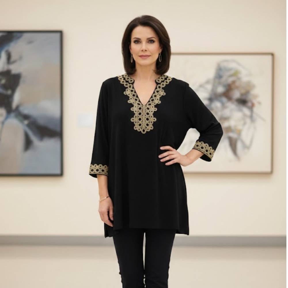 Charter‎ Club Black Tunic with Gold Accents XL